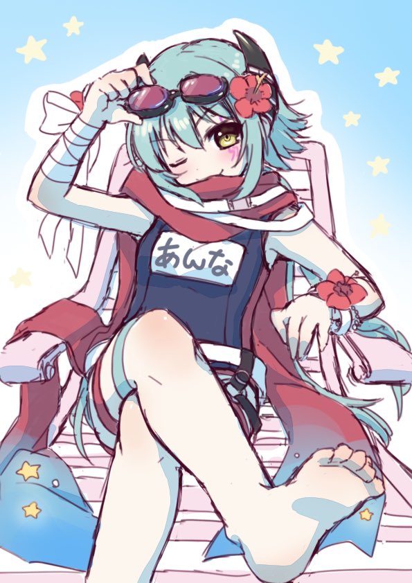 anna_(princess_connect!) blush breasts demon_girl demon_tail green_hair kaiba_tomoyuki long_hair princess_connect! school_swimsuit small_breasts swimsuit tail