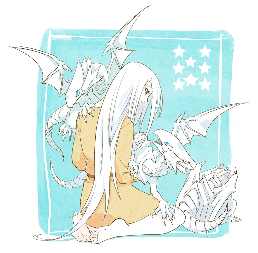 1girl barefoot blue-eyes_white_dragon brown_tunic claws closed_mouth dragon duel_monster kisara_(yu-gi-oh!) kneeling long_hair star_(symbol) tunic very_long_hair white_hair yu-gi-oh! yu-gi-oh!_duel_monsters yuza