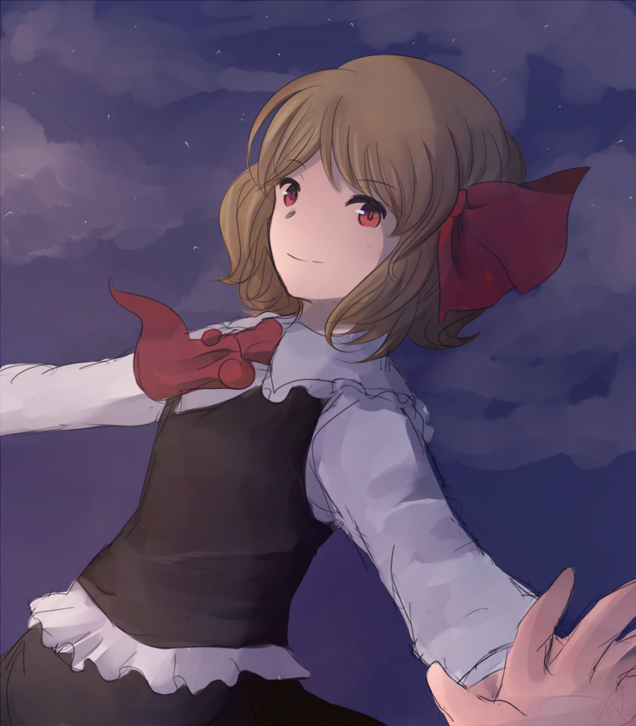 blonde_hair khylimei outstretched_arms red_eyes rumia shirt short_hair sketch skirt smile solo spread_arms touhou vest