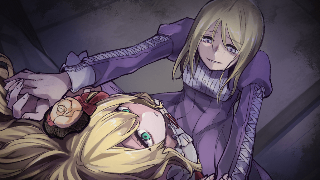 2girls above_another against_bed betty_(raison_d&#039;etre) blonde_hair bow c3_games child dress eyelashes fingernails flower frilled_dress frills green_eyes holding_another&#039;s_wrist long_hair looking_at_another looking_down lying multiple_girls orange_flower orange_rose pink_bow pink_flower pink_rose purple_bow purple_dress purple_eye raison_d&#039;etre ribbon rose rose_(raison_d&#039;etre) smile white_dress wide-eyed