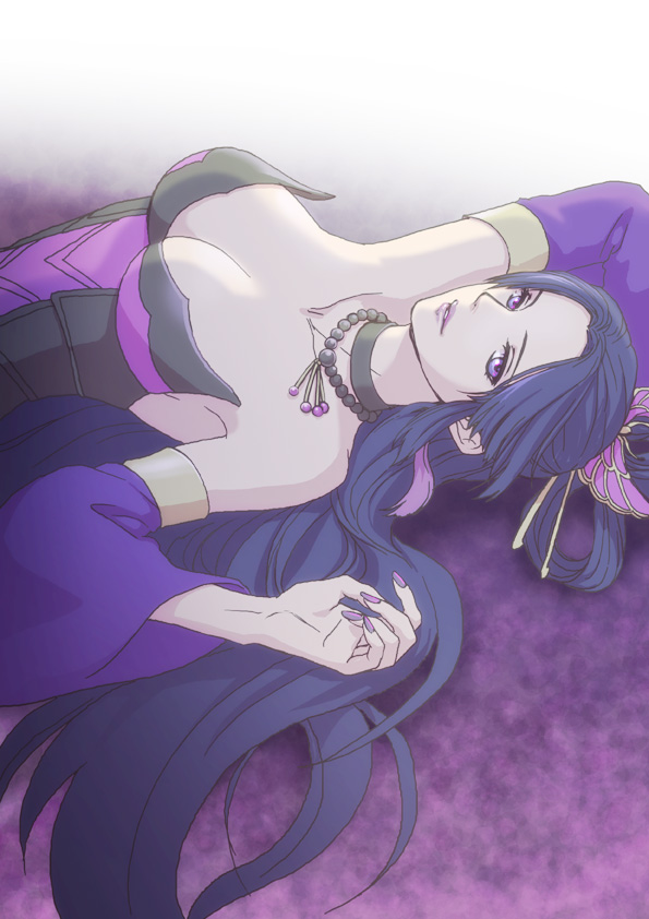 armor breasts butterfly_hair_ornament choker cleavage corset detached_sleeves fingernails hair_ornament jewelry large_breasts nail_polish necklace nouhime parted_bangs purple_eyes purple_hair purple_nails sengoku_musou