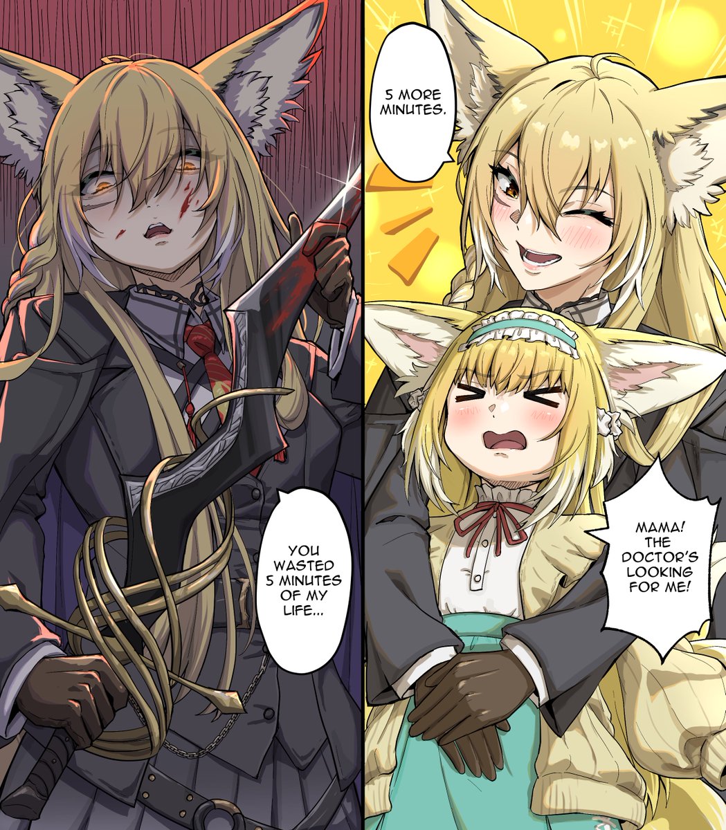 &gt;_&lt; 2girls ;d animal_ear_fluff animal_ears arknights black_jacket blonde_hair blood blood_on_face bloody_weapon blush brown_gloves closed_eyes commentary contrast disgust english_commentary english_text facial_scar frilled_hairband frills glint gloves green_hairband hair_between_eyes hairband hands_on_another&#039;s_stomach highres holding holding_sword holding_weapon jacket long_hair long_sleeves mother_and_daughter multicolored_hair multiple_girls neck_ribbon o-ring official_alternate_costume one_eye_closed open_mouth own_hands_together polar_opposites red_ribbon ribbon scar scar_on_cheek scar_on_face scowl shirt short_hair smile speech_bubble streaked_hair suzuran_(arknights) suzuran_(spring_praise)_(arknights) sword symmetricturd vulpisfoglia_(arknights) weapon white_hair white_shirt