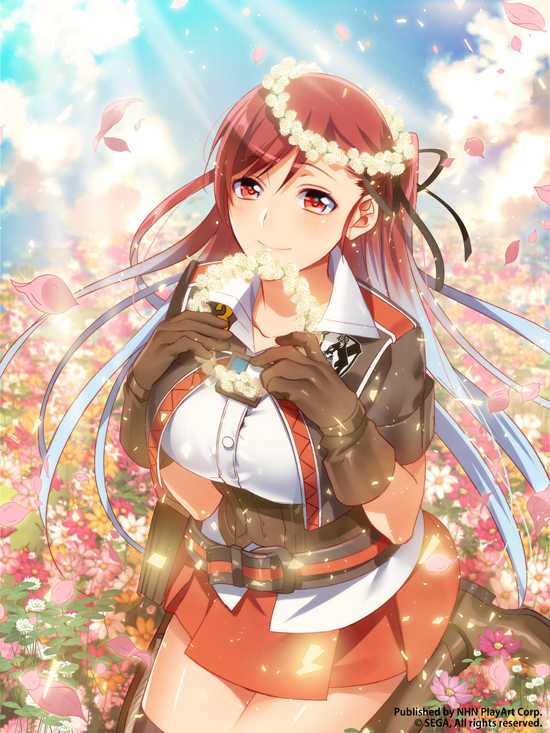 00s 10s 1girl belt boots breasts cloud cloudy_sky corset day female_focus field flower flower_field flower_wreath framed_breasts gloves gradient_hair hair_ribbon hands_on_own_chest head_wreath jacket large_breasts leather leather_gloves leather_jacket long_hair looking_at_viewer military military_uniform miniskirt multicolored_hair murakami_yuichi official_art petals red_eyes red_hair ribbon riela_marcellis seiza senjou_no_valkyria senjou_no_valkyria_(series) senjou_no_valkyria_3 shirt silver_hair sitting skirt sky smile solo sunlight taut_clothes taut_shirt thighhighs watermark zettai_ryouiki