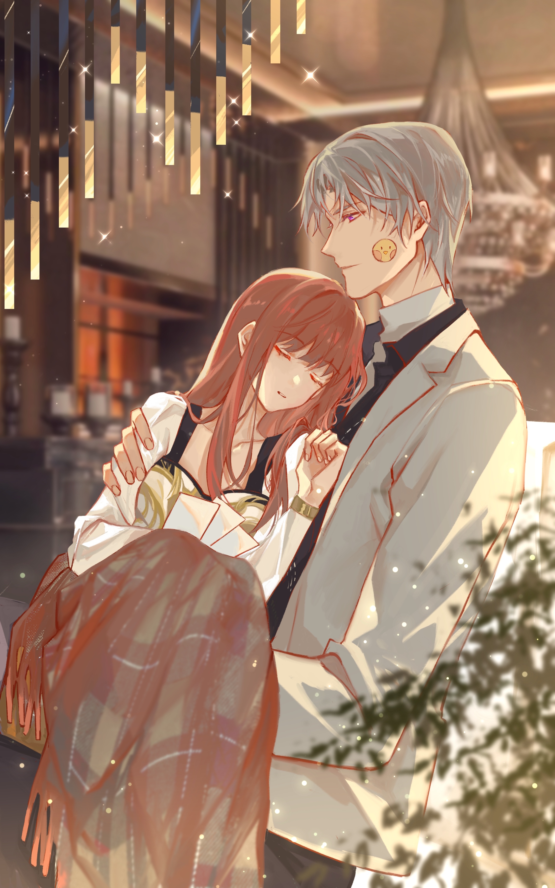 1boy 1girl absurdres black_pants black_shirt blanket blurry carrying chandelier charlie_su closed_eyes closed_mouth collared_shirt cowboy_shot depth_of_field dress from_side grey_hair grey_jacket highres hotaru_gugugu indoors jacket lapels light_and_night_love light_particles long_hair long_sleeves looking_at_another notched_lapels open_collar pants parted_bangs parted_lips photo_(object) plant princess_carry profile protagonist_(light_and_night_love) purple_eyes shirt short_hair sidelocks sitting sleeping sticker_on_face turtleneck under_covers undershirt white_dress white_shirt white_undershirt