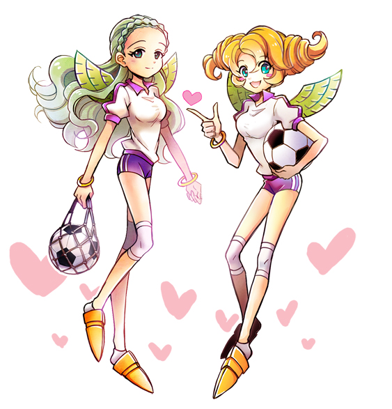 2girls aiel bad_id bad_pixiv_id ball bangle blonde_hair blush_stickers bracelet braid breasts buruma green_hair guel gym_uniform gz_(gzxd) heart inazuma_eleven inazuma_eleven_(series) jewelry long_hair multiple_girls open_mouth soccer_ball telstar white_background wings
