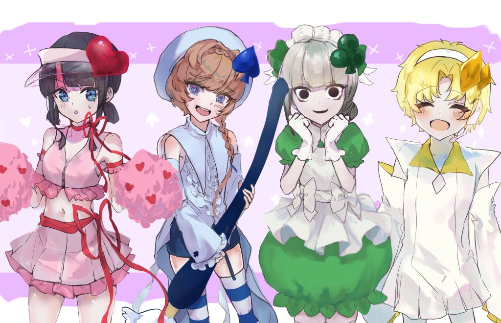 1boy 3girls amulet_clover amulet_dia amulet_heart amulet_spade beret black_eyes black_hair blonde_hair blue_eyes braid brown_hair cosplay creepy_eyes detached_sleeves dress fate/grand_order fate_(series) gloves grey_hair hairband hat midriff multiple_girls navel pink_skirt pom_pom_(cheerleading) puffy_dress romanjyuu sen_no_rikyu_(fate) shugo_chara! side_braid skirt striped_clothes striped_thighhighs thighhighs utsumi_erice van_gogh_(fate) visor_cap voyager_(fate) white_gloves