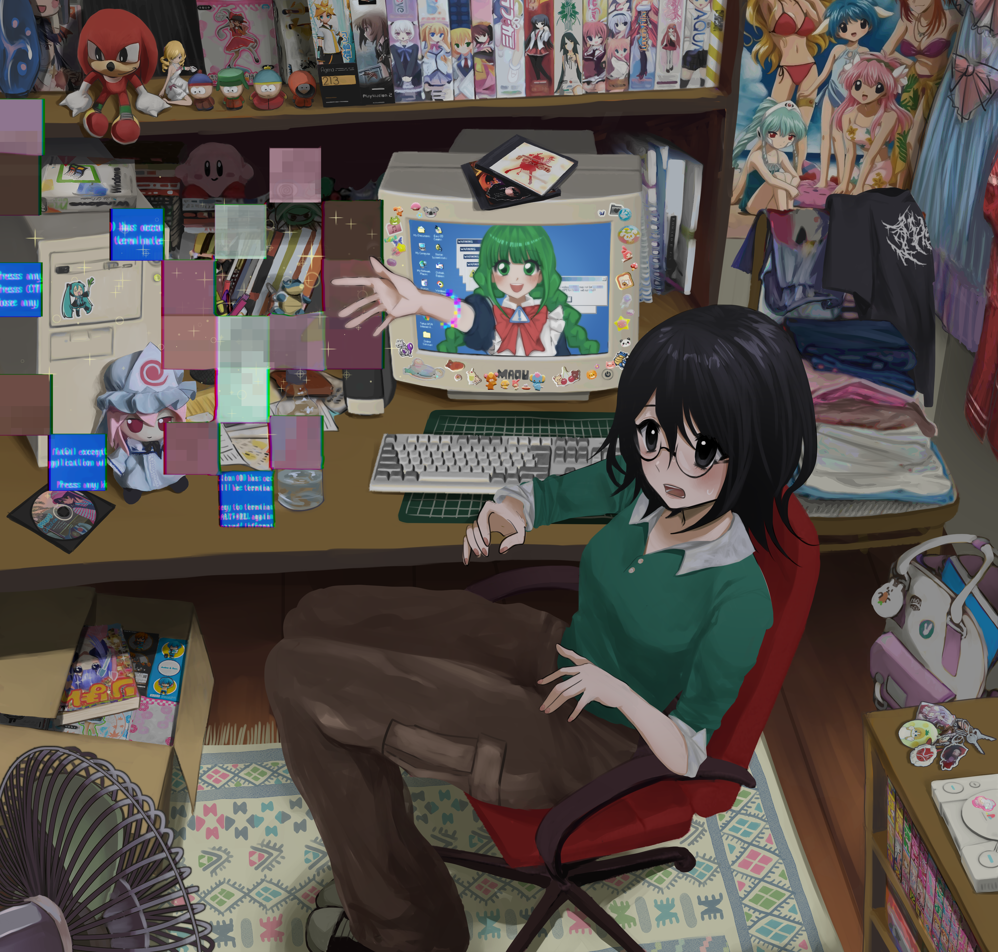 2girls absurdres aqua_(sorahane) artist_self-insert black_eyes black_hair black_shirt blastoise box cardboard_box carpet catherine_(atlus_character) catherine_(game) chair character_request ciao_(shogakukan) clutter commentary computer_keyboard copyright_request crt electric_fan embodiment_of_scarlet_devil eric_cartman figure forte_stollen fujiwara_no_mokou full_body fumo_(doll) galaxy_angel game_console gen_1_pokemon glitch green_eyes hair_between_eyes hakurei_reimu hatsune_miku highres higurashi_no_naku_koro_ni imperishable_night kagamine_len kamado_nezuko kenny_mccormick kimetsu_no_yaiba kirby kirby_(series) knuckles_the_echidna kyle_broflovski leekspin_(meme) legendary_pokemon link long_bangs long_hair looking_at_viewer lovekami lunaris_filia m40u mahou_shoujo_madoka_magica me-tan meme mewtwo microsoft_windows milfeulle_sakuraba minami_kaede_(aqua) mint_blancmanche multiple_girls my_melody nakayosi_(kodansha) nendoroid nintendo notebook office_chair onegai_my_melody open_mouth original os-tan playstation_1 pokemon poster_(object) ranpha_franboise ribon_(shueisha) rilakkuma ryuuguu_rena saigyouji_yuyuko sakura_taisen san-x sanrio saya_(saya_no_uta) saya_no_uta shameimaru_aya shinguuji_sakura shirt short_hair sitting sonic_(series) south_park stan_marsh swivel_chair sylvia_luna_infinitus table the_legend_of_zelda the_legend_of_zelda:_breath_of_the_wild through_medium through_screen tomoe_mami touhou unworn_shirt vanilla_h video_game_cover_(object) vocaloid windows_98 windows_classic windows_me wooden_chair