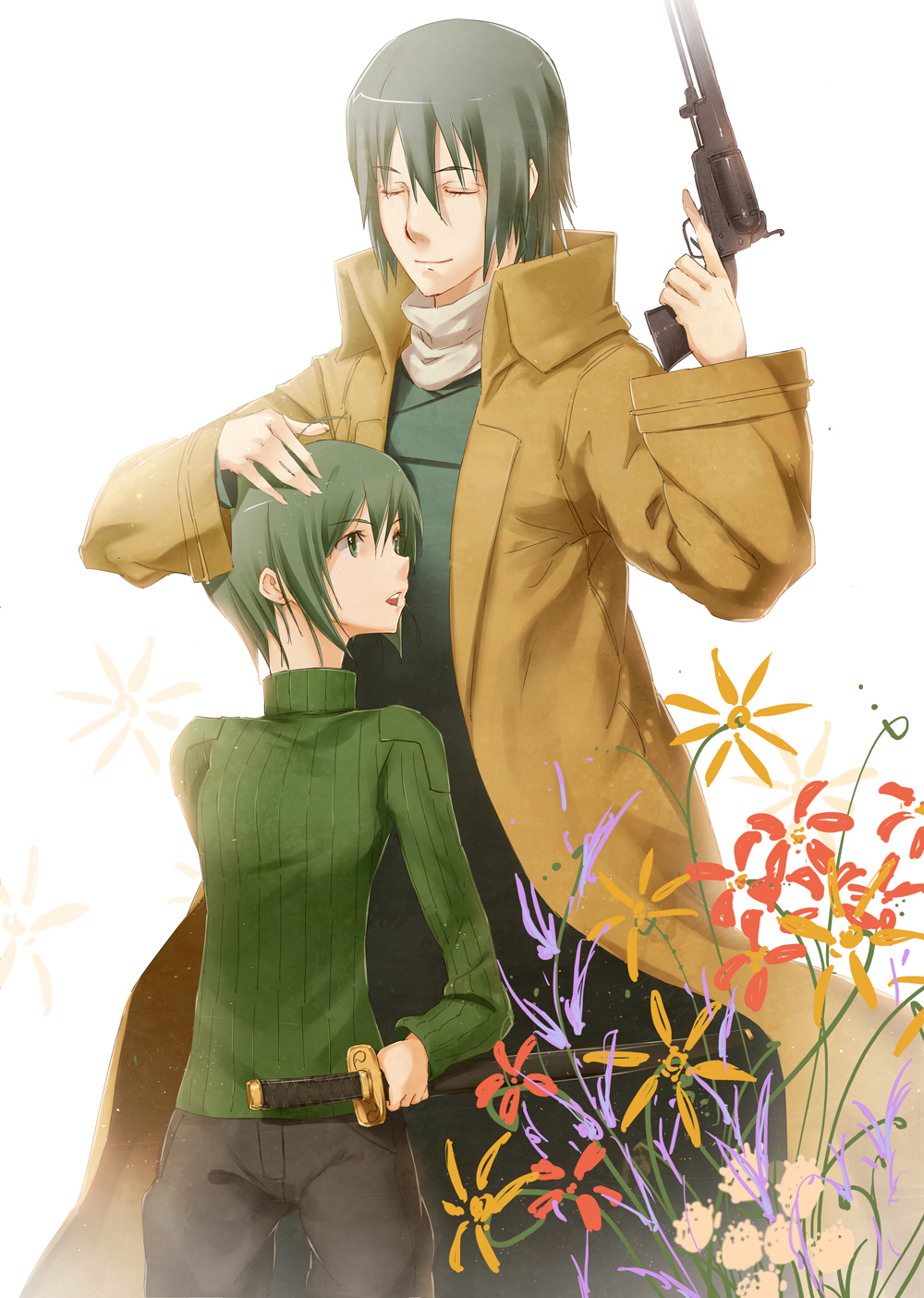 1boy 1girl androgynous coat cosplay costume_switch crossdressing flower gabiran green_shirt gun handgun highres katana kino_(cosplay) kino_(kino_no_tabi) kino_no_tabi pants pistol polo_neck reverse_trap revolver ribbed_sweater shirt shizu_(cosplay) shizu_(kino_no_tabi) sweater sword trench_coat trigger_discipline turtleneck weapon
