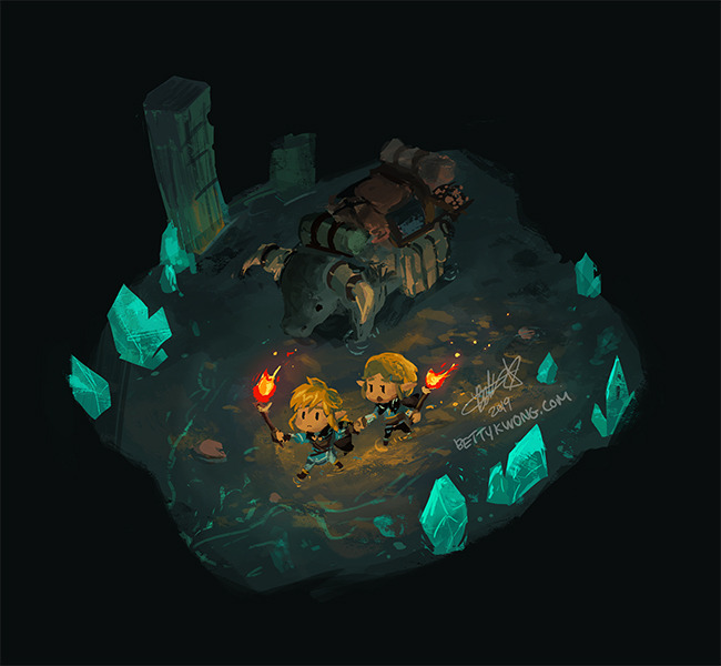1boy 1girl bag bettykwong blonde_hair blue_shirt bull cave chibi crystal holding_hands horns link nintendo pointy_ears princess_zelda satchel shirt the_legend_of_zelda the_legend_of_zelda:_breath_of_the_wild the_legend_of_zelda:_tears_of_the_kingdom torch watermark web_address