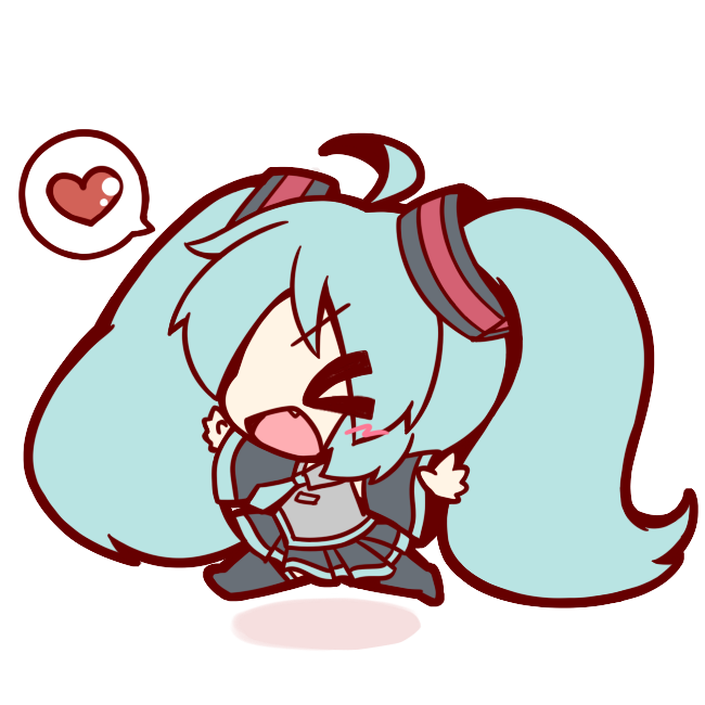 &gt;_&lt; 1girl ahoge blush chibi closed_eyes fang green_hair hatsune_miku heart long_hair open_mouth outstretched_arms ritateo running smile spread_arms twintails vocaloid
