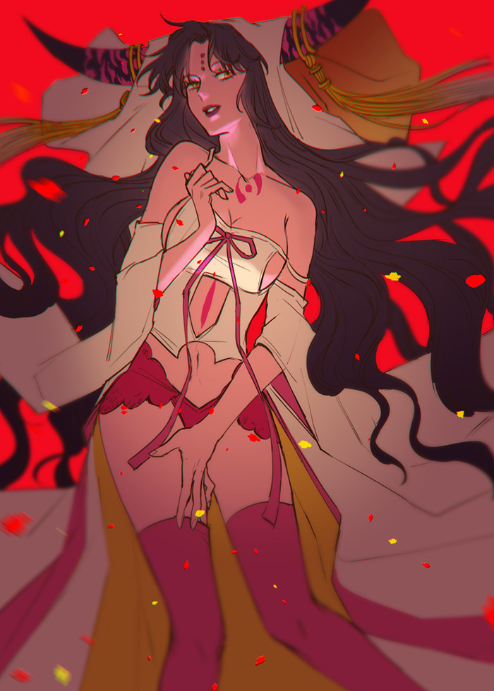 1girl badjura breasts demon_girl demon_horns fate/grand_order fate_(series) horns large_breasts long_hair pink_thighhighs revealing_clothes sessyoin_kiara sessyoin_kiara_(heaven&#039;s_hole) sessyoin_kiara_(third_ascension) solo thighhighs very_long_hair yellow_eyes