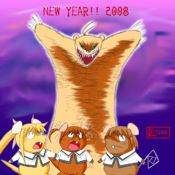 00s 2008 animal fate_testarossa ferret ganba ganba_no_bouken hair_ornament lyrical_nanoha mahou_shoujo_lyrical_nanoha mahou_shoujo_lyrical_nanoha_a&#039;s monster new_year no_humans noroi oekaki parody scared school_uniform sharp_teeth size_difference surprised takamachi_nanoha teeth twintails upper_body vest wide_sleeves x_hair_ornament yagami_hayate yuuno_scrya