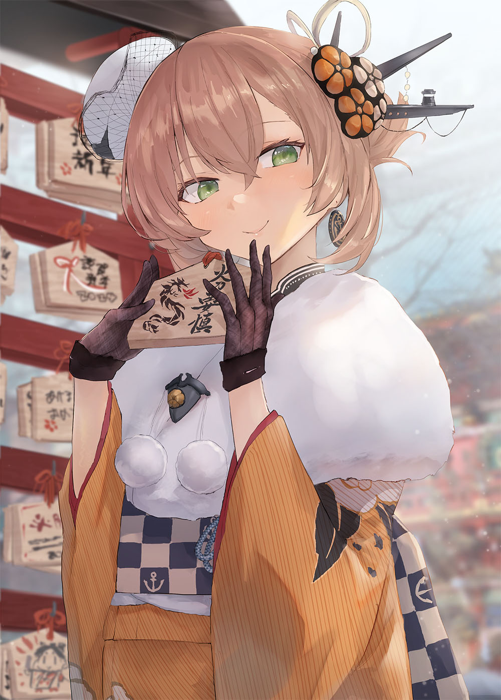 1girl black_gloves brown_hair flipped_hair fur_collar gloves green_eyes hair_between_eyes hat headgear highres japanese_clothes kantai_collection kimono mutsu_(kancolle) mutsu_(new_year)_(kancolle) new_year obi official_alternate_costume orange_kimono sash short_hair smile solo toka_(marchlizard) upper_body white_hat