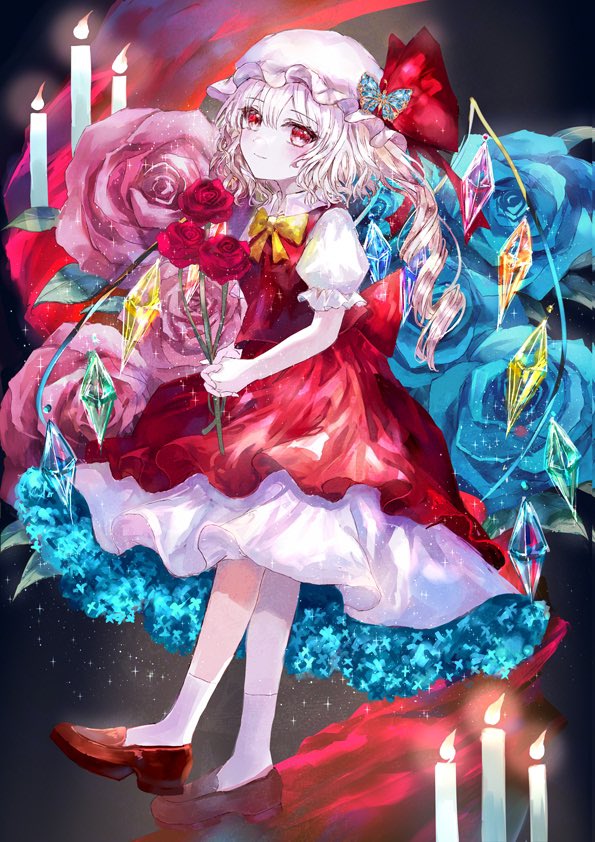 1girl ascot bat_wings blonde_hair blue_flower blue_rose candle crystal flandre_scarlet flower full_body hat hat_ribbon holding holding_flower mob_cap multicolored_wings one_side_up puffy_short_sleeves puffy_sleeves red_eyes red_flower red_footwear red_rose red_skirt red_vest ribbon rose short_sleeves side_ponytail skirt skirt_set socks solo suzushina touhou vest white_hat white_socks wings yellow_ascot
