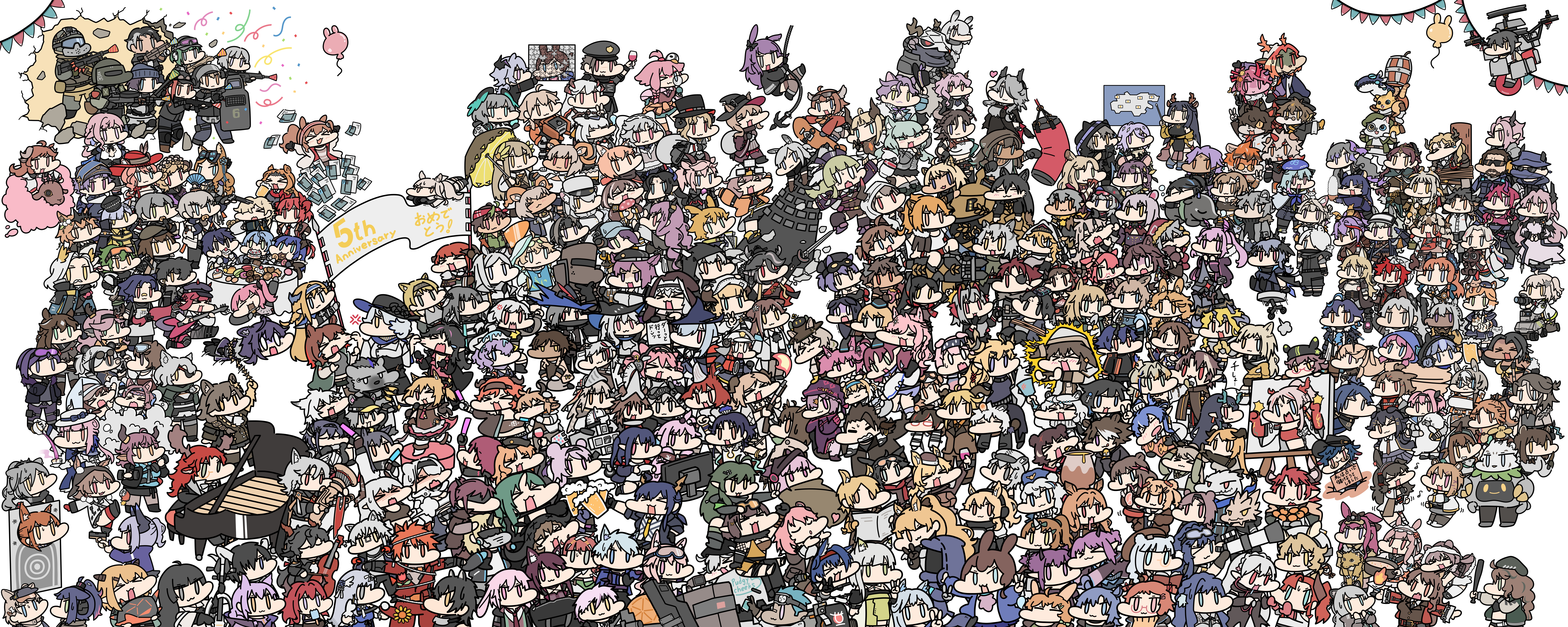 6+boys 6+girls a_deer_of_nine_colors absurdres ace_(arknights) amiya_(arknights) angelina_(arknights) animal animal_ears animal_on_head anniversary annotation_request ansel_(arknights) antlers arknights ash_(rainbow_six_siege) ashlock_(arknights) balloon baseball_bat beagle_(arknights) beehunter_(arknights) beer_mug black_bow black_cat black_eyes black_gloves black_hair blonde_hair blue_eyes blue_hair blush bow bow_(music) boxing_gloves breasts brown_eyes brown_hair cake camera can candy candy_hair_ornament cat character_request chibi chocolate chocolate_bar cleavage closed_eyes closure_(arknights) commentary_request confetti controller conviction_(arknights) cosplay cuora_(arknights) cup cupcake dobermann_(arknights) doctor_(arknights) dolly_(arknights) donut drink_can drinking_glass dumbbell durin_(arknights) ear_piercing earthspirit_(arknights) easel ela_(rainbow_six_siege) ethan_(arknights) everyone exusiai_(arknights) eyepatch facial_hair fartooth_(arknights) feater_(arknights) felyne ferret fish flametail_(arknights) food food-themed_hair_ornament food_in_mouth frying_pan game_controller glasses gloves goatee goggles goggles_on_head grand_piano green_bow green_eyes green_hair grey_eyes grey_hair gun hair_bow hair_ornament hair_over_one_eye hairband hand_fan handgun hat hat_bow hat_feather hat_tip headphones heart heterochromia hibiscus_(arknights) highres ho'olheyak_(arknights) holding holding_baseball_bat holding_bow_(music) holding_camera holding_candy holding_controller holding_dumbbell holding_fan holding_food holding_frying_pan holding_game_controller holding_gun holding_magnifying_glass holding_microphone holding_newspaper holding_spray_can holding_teapot holding_weapon honeypot horns horse_ears hoshiguma_(arknights) iana_(rainbow_six_siege) incredibly_absurdres infection_monitor_(arknights) instrument jessica_(arknights) jigsaw_puzzle justice_knight_(arknights) kal'tsit_(arknights) knee_pads kroos_(arknights) lappland_(arknights) lava_(arknights) lens_(arknights) lollipop luo_xiaohei luo_xiaohei_(cat) luo_xiaohei_zhanji magnifying_glass may_(arknights) mayer_(arknights) meeboo_(arknights) microphone monocle monster_hunter_(series) mug multiple_boys multiple_girls mushroom musical_note mustache necktie newspaper nian_(arknights) nine-colored_deer nose_bubble on_head one_eye_closed onigiri open_mouth orange_hair originium_slug_(arknights) peacake_(arknights) peacake_(arknights)_(cosplay) piano piercing pink_hair pointy_ears popsicle popsicle_in_mouth punching_bag purple_hair puzzle rabbit_ears rainbow_six_siege red_eyes red_hair rice roasted_sweet_potato robot scene_(arknights) sheep_horns skadi_(arknights) skateboard smile soda_can sora_(arknights) spray_paint stethoscope sunglasses surfboard suttobi sweet_potato swire_(arknights) swirl_lollipop swivel_chair swordfish talulah_(arknights) tape_measure teacup teapot telescope terra_research_commission_(arknights) texas_(arknights) tinted_eyewear tongue tongue_out u-official_(arknights) v w_(arknights) waai_fu_(arknights) warfarin_(arknights) weapon white_eyes white_hair wild_mane_(arknights) wine_glass witch_hat wolf_ears yellow_eyes