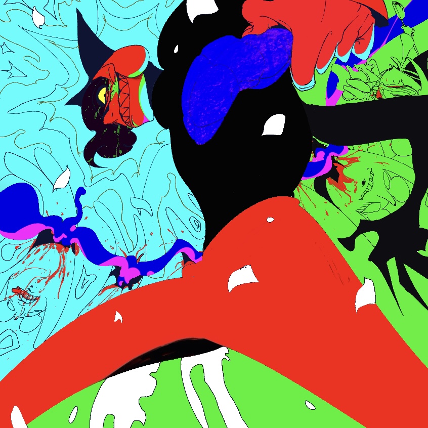 2boys animal_hat blood blue_background cat_hat colored_sclera colorful commentary_request cowboy_shot green_background grin hat intestines male_focus mouse_(animal) multiple_boys murder nyen_(randal&#039;s_friends) oddo_(user_yrfn7475) present_day_problem_takeuchi_robert randal&#039;s_friends saturated sharp_teeth short_hair smile teeth yellow_sclera