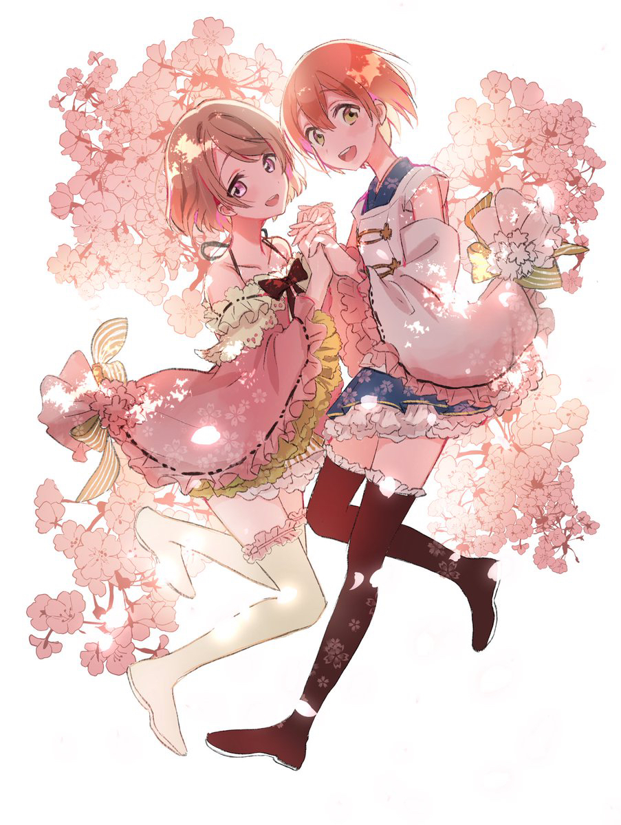 2girls :d bare_shoulders black_shoes black_thighhighs blue_skirt brown_hair commentary_request dress floral_print flower frills highres holding_hands hoshizora_rin interlocked_fingers koizumi_hanayo long_sleeves looking_to_the_side love_live! love_live!_school_idol_festival love_live!_school_idol_project multiple_girls naarann official_alternate_costume open_mouth pink_dress pink_eyes pink_flower shirt shoes short_hair skirt smile thighhighs white_background white_shirt white_shoes white_thighhighs wide_sleeves yellow_eyes zettai_ryouiki
