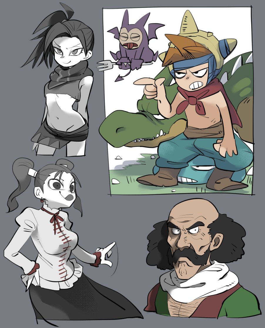 2boys 2girls breasts closed_mouth dragon_quest dragon_quest:_shounen_yangus_to_fushigi_no_dungeon dragon_quest_viii earrings facial_hair groin jessica_albert jewelry long_hair looking_at_viewer monster morrie_mozzarella multiple_boys multiple_girls mustache navel red_(dq8) simple_background smile tirarizun twintails yangus aged_down