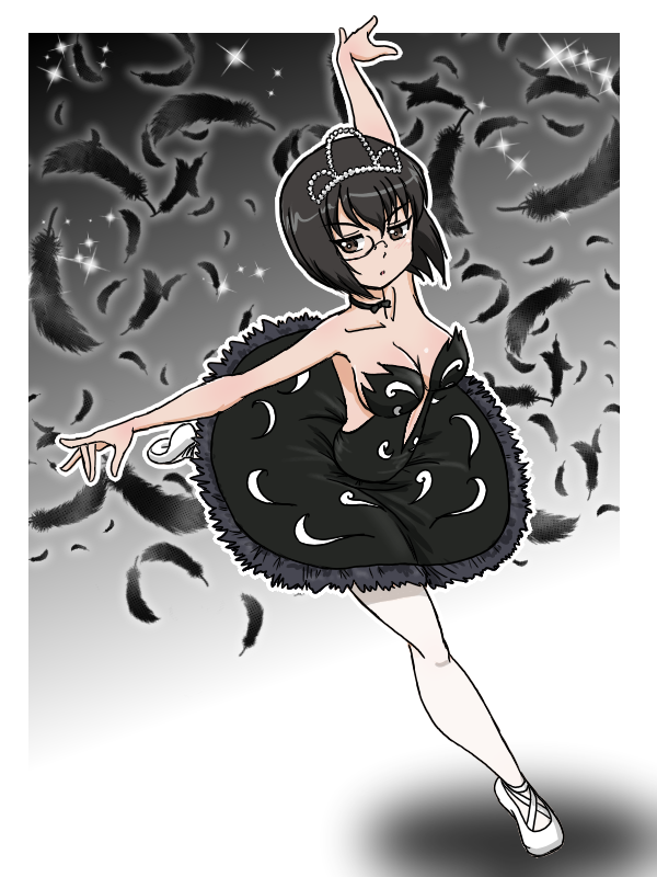1girl arms_up athletic_leotard ballet ballet_dress ballet_slippers bare_shoulders bird black_background black_choker black_feathers black_hair breasts choker cleavage cleavage_cutout clothing_cutout feather_skirt feathers girls_und_panzer glasses gradient_background kawashima_momo leotard monocle official_alternate_costume pantyhose rectangular_eyewear short_hair silver_tiara standing standing_on_one_leg star_(sky) swan swan_lake takahashi_kurage white_pantyhose