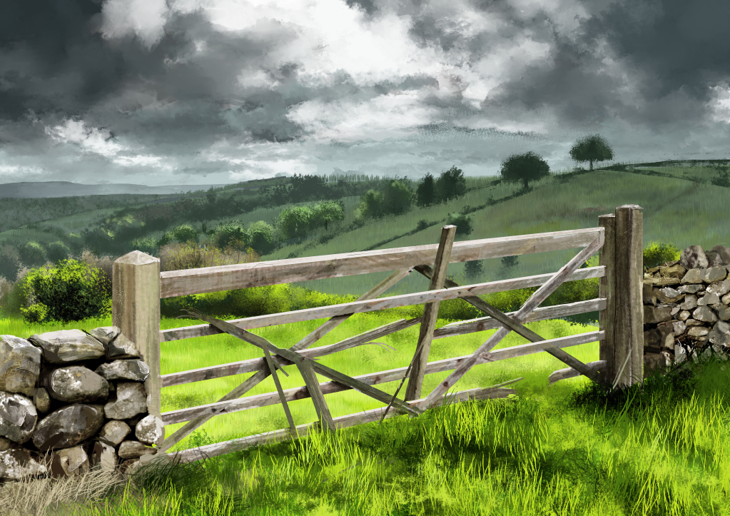 cloud commentary_request day fence field grass kanaraki landscape no_humans original outdoors overcast scenery sky tree