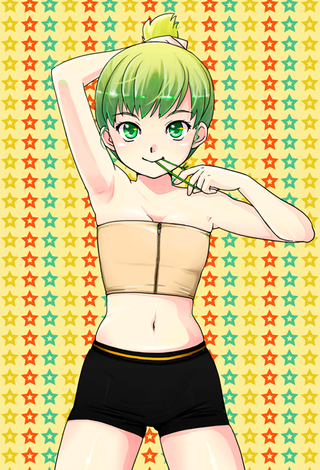 10s 1girl adjusting_hair armpits bad_id bad_pixiv_id bike_shorts breasts cleavage corset dragon_kid female_focus green_eyes green_hair huang_baoling matching_hair/eyes mouth_hold navel ponytail shipa short_hair shorts small_breasts smile solo superhero_costume tiger_&amp;_bunny tying_hair