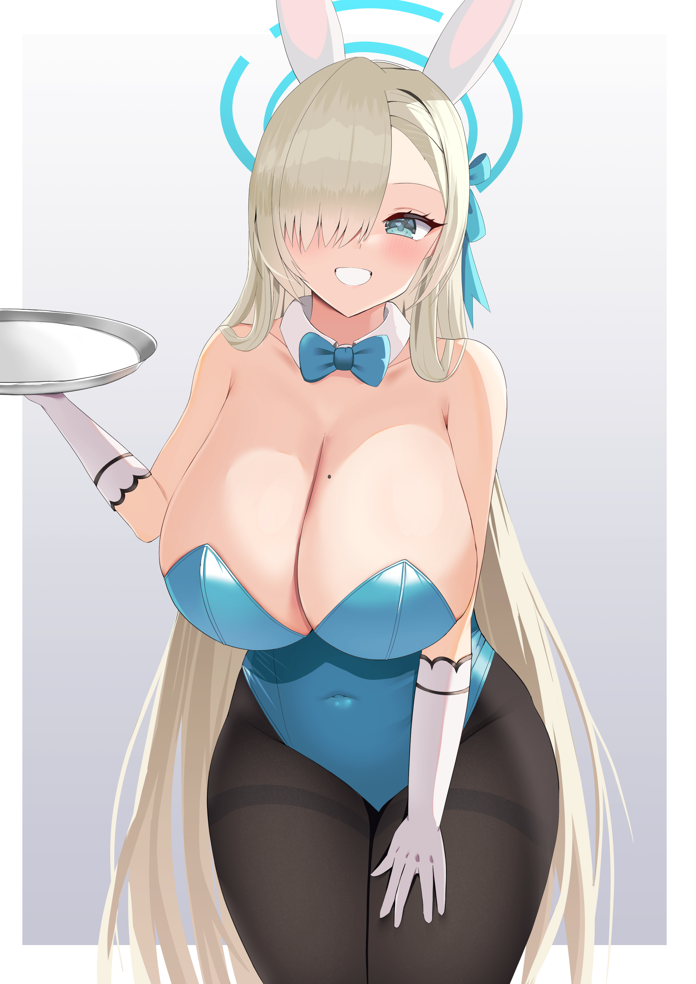 1girl absurdres animal_ears asuna_(blue_archive) asuna_(bunny)_(blue_archive) blonde_hair blue_archive blue_bow blue_bowtie blue_eyes blue_halo blue_leotard bow bowtie breasts commentary_request detached_collar fake_animal_ears gloves hair_over_one_eye halo highres holding holding_tray huge_breasts leaning_forward leotard long_hair looking_at_viewer mole mole_on_breast official_alternate_costume pantyhose playboy_bunny rabbit_ears rita_(utya4488) smile strapless strapless_leotard thighband_pantyhose traditional_bowtie tray very_long_hair white_gloves
