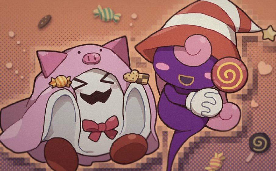 1boy 1girl blush_stickers candy chiimako colored_skin curly_hair doopliss food ghost ghost_tail gloves hair_over_eyes hat lollipop long_hair mario_(series) nintendo open_mouth paper_mario paper_mario:_the_thousand-year_door pink_hair purple_skin smile striped_clothes striped_headwear vivian_(paper_mario) white_gloves witch_hat