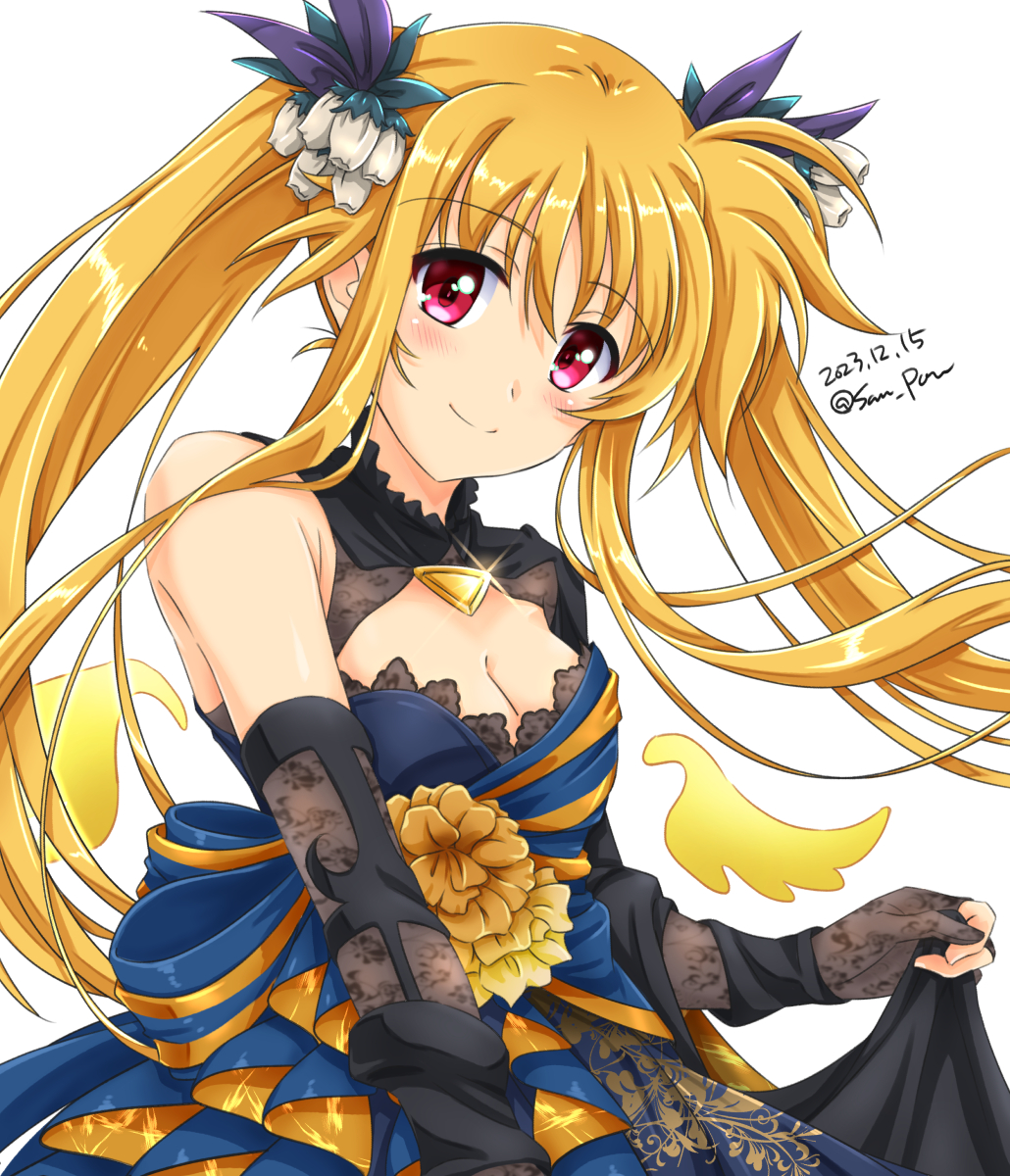 1girl bardiche_(nanoha) bardiche_(standby_form)_(nanoha) bare_shoulders blonde_hair breasts cleavage detached_sleeves fate_testarossa highres looking_at_viewer lyrical_nanoha lyrical_store mahou_shoujo_lyrical_nanoha medium_breasts red_eyes san-pon simple_background skirt_hold smile solo twintails