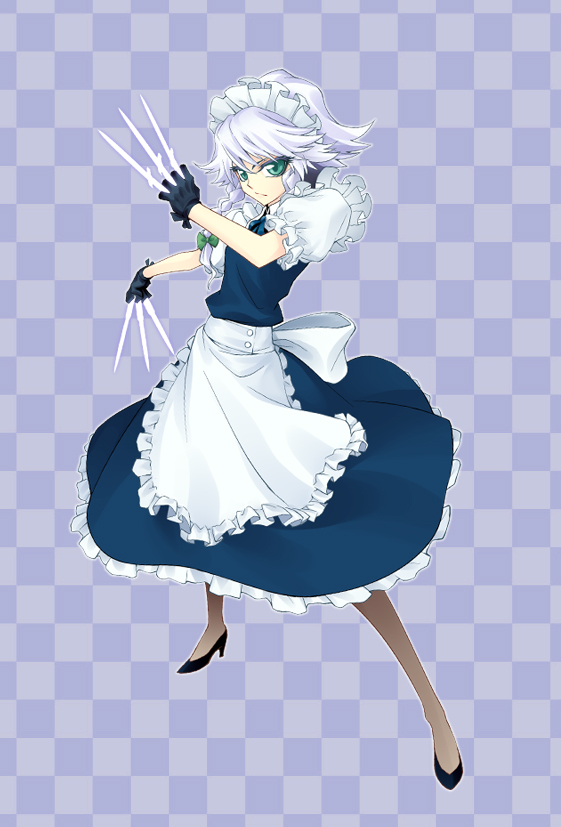 1girl 666nao female_focus fujisawa_naoyuki green_eyes izayoi_sakuya knife maid maid_headdress pantyhose short_hair silver_hair solo touhou