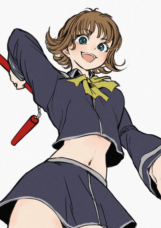 1girl black_shirt black_skirt breasts brown_hair final_fantasy final_fantasy_viii from_below green_eyes holding holding_nunchaku holding_weapon long_sleeves looking_at_viewer medium_breasts midriff miniskirt navel neckerchief nunchaku open_mouth pulupulupoodle school_uniform selphie_tilmitt shirt short_hair skirt smile solo upper_body weapon white_background yellow_neckerchief