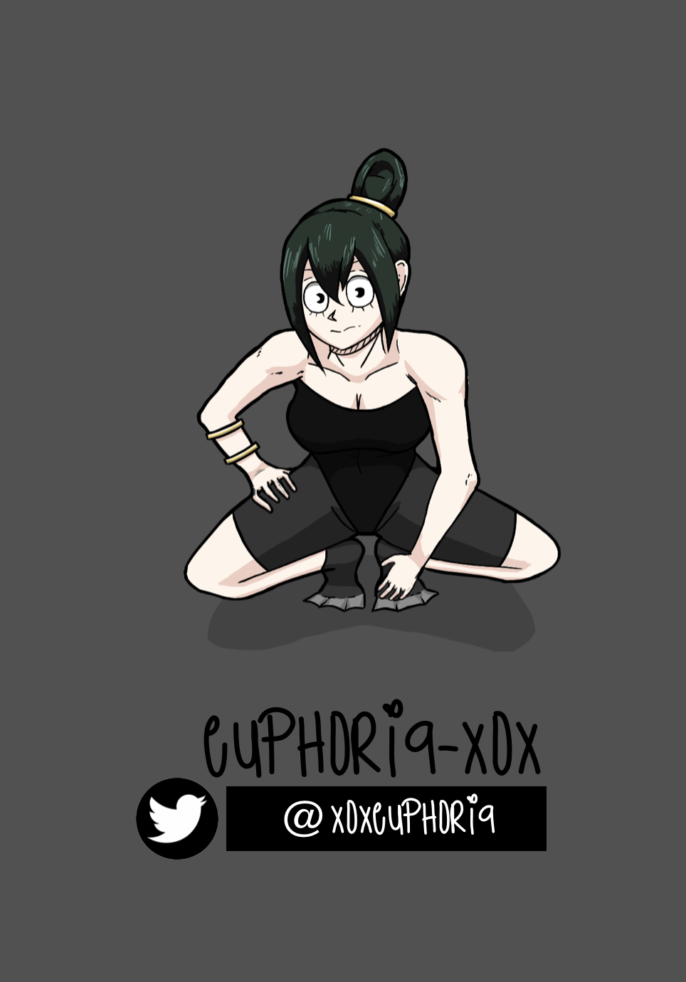 asui_tsuyu boku_no_hero_academia euphoria-xox frog green_hair grey_background hero highres looking_at_viewer ponytail squatting webbed_feet