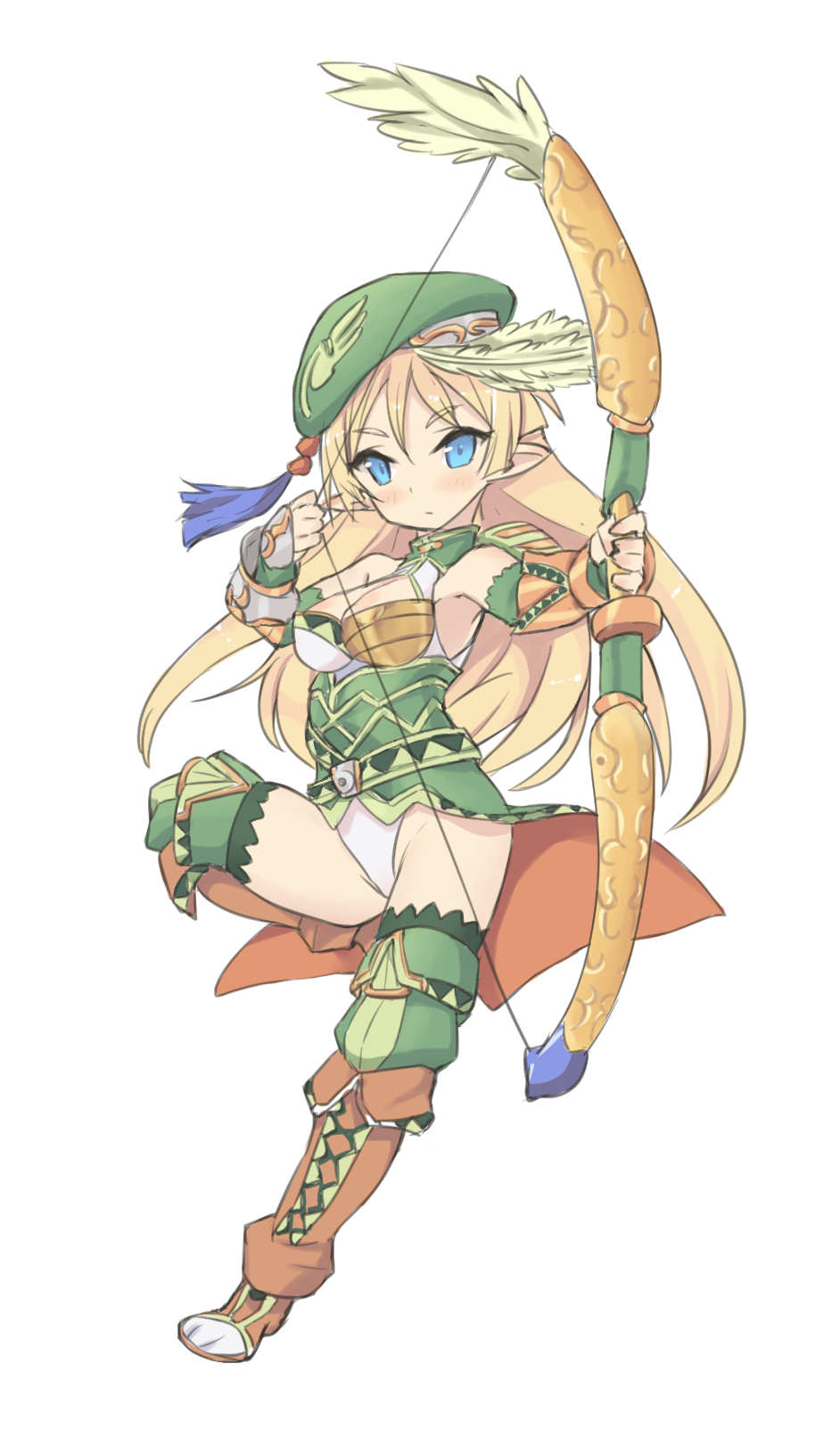 1girl beret blonde_hair blush boots bow_(weapon) breasts cleavage elf female_focus full_body hat highres jewelry kris_bernal lo_xueming long_hair pointy_ears pop-up_story simple_background skirt solo weapon white_background