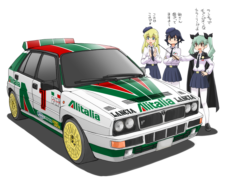 10s anchovy_(girls_und_panzer) anzio_school_uniform belt beret black_belt black_cape black_footwear black_hair black_hat black_neckwear black_ribbon black_skirt blouse braid brown_eyes cape car carpaccio_(girls_und_panzer) clapping commentary_request crossed_arms dress_shirt drill_hair emblem frown girls_und_panzer green_hair hair_ribbon hand_on_own_hip hat holding holding_riding_crop lancia_(brand) lancia_delta_hf loafers long_hair long_sleeves miniskirt motor_vehicle necktie open_mouth pantyhose pepperoni_(girls_und_panzer) pleated_skirt race_vehicle racecar red_eyes ribbon riding_crop school_uniform shadow shirt shoes short_hair side_braid simple_background skirt smile standing translation_request twin_drills twintails uona_telepin v-shaped_eyebrows vehicle_focus white_background white_legwear white_shirt