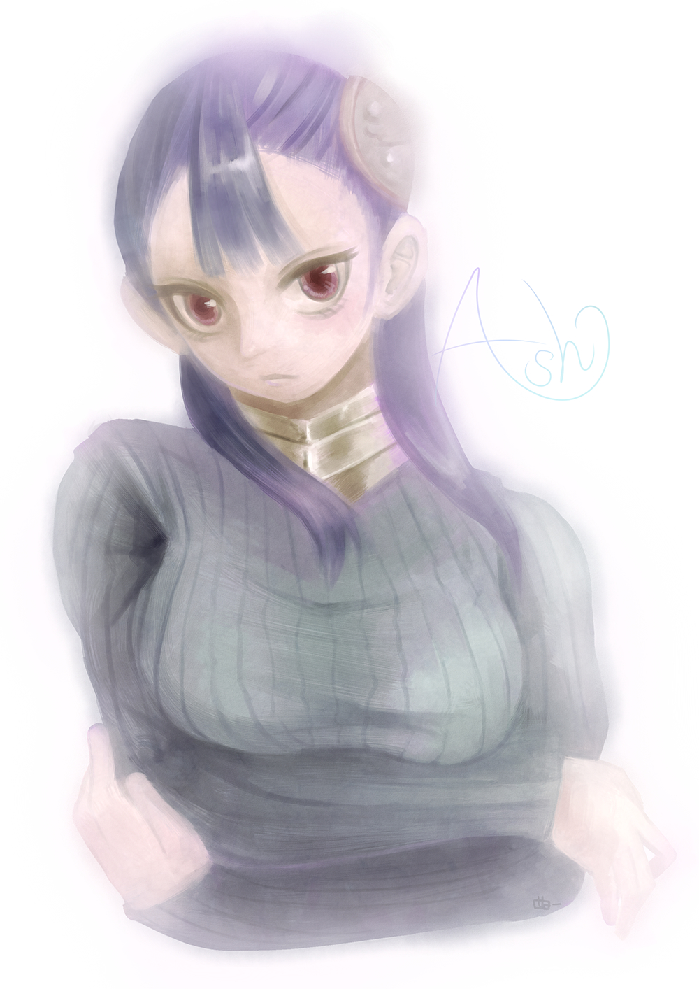 0niwanoki 1girl ashei breasts crossed_arms female_focus gorget hairpods highres large_breasts long_hair nintendo red_eyes ribbed_sweater solo sweater the_legend_of_zelda the_legend_of_zelda:_twilight_princess upper_body