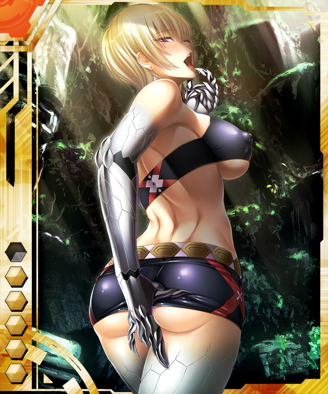 00s 1girl ass blonde_hair breasts card_(medium) card_(orange-ur) card_(ur) covering_privates covering_ass cyborg covered_erect_nipples female_focus gluteal_fold large_breasts nobushito_kuro open_mouth skirt sonia_(taimanin_asagi) taimanin_(series) taimanin_asagi taimanin_asagi_battle_arena_all_card_gallery taimanin_asagi_kessen_arena tongue underboob