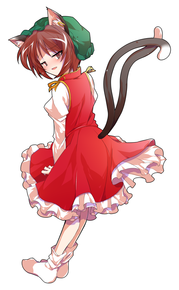 1girl alphes_(style) animal_ears back blush bobby_socks brown_eyes brown_hair cat_ears cat_girl cat_tail chen commentary_request dairi earrings full_body gold_trim green_hat hair_between_eyes half-closed_eyes hat jewelry large_variant_set long_sleeves looking_at_viewer mob_cap nekomata no_shoes parody parted_lips red_skirt red_vest shirt short_hair single_earring skirt skirt_set smile socks solo style_parody tachi-e tail tail_raised touhou transparent_background variant_set vest white_petticoat white_shirt white_socks