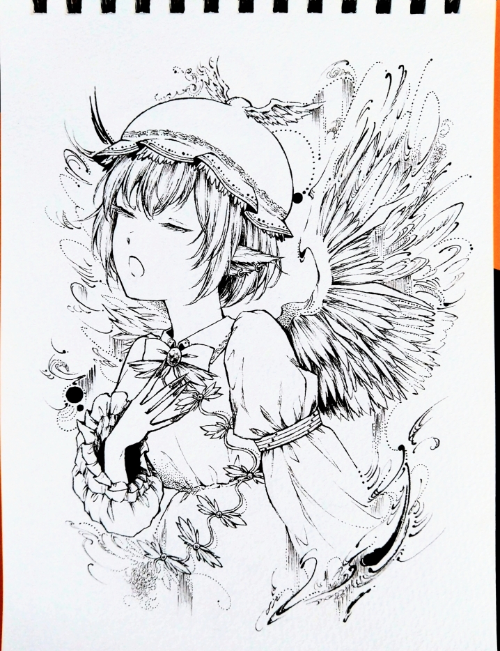 1girl animal_ears bird_ears bird_wings closed_eyes dress earrings feathered_wings fingernails frilled_sleeves frills greyscale hat jewelry long_fingernails long_sleeves millipen_(medium) monochrome mystia_lorelei nail_polish open_mouth pen_(medium) photo_(medium) rinka_(nxes4835) sharp_fingernails short_hair single_earring sleeve_garter solo touhou traditional_media upper_body winged_hat wings