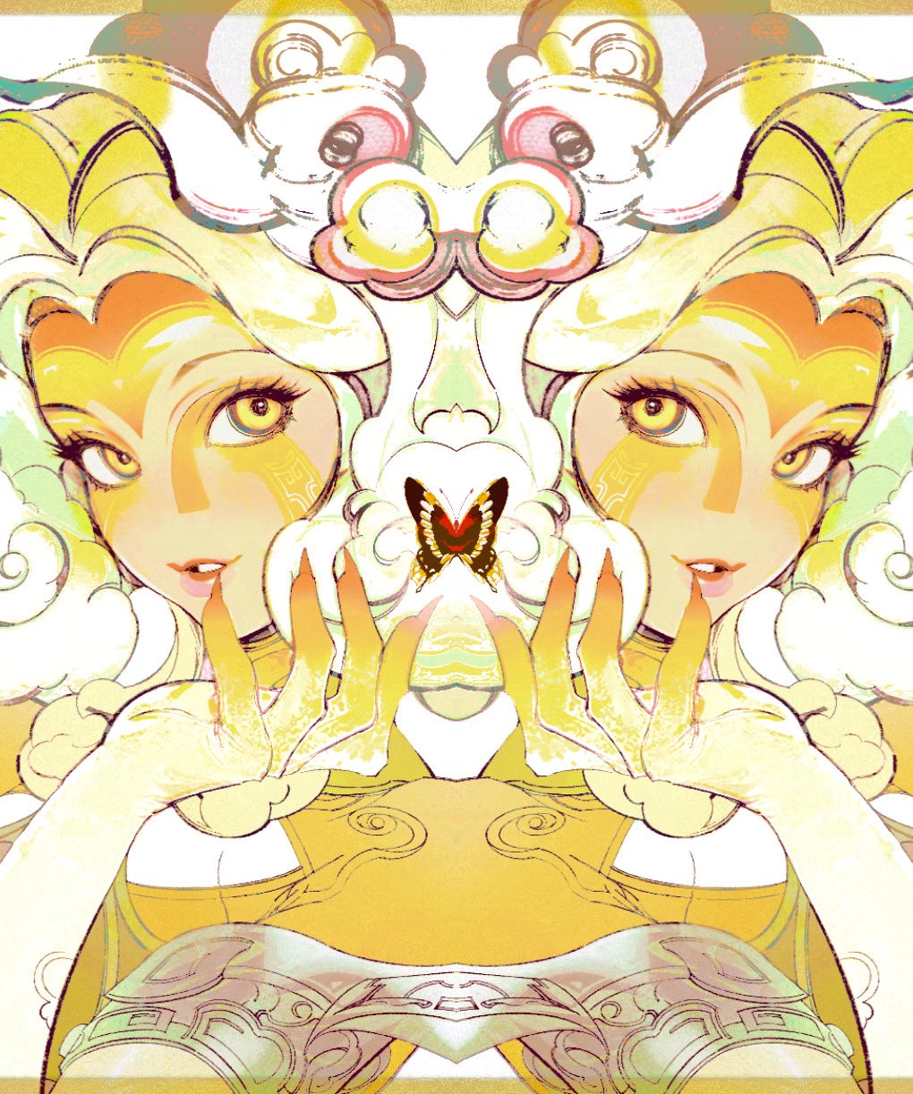 1girl border breasts bug butterfly curly_hair detached_sleeves eyelashes facial_mark facial_tattoo fingernails highres insect jian_tai_(cuoyu0) large_breasts league_of_legends looking_at_viewer makeup mirror_twins multiple_views neeko_(league_of_legends) official_alternate_costume orange_border parted_bangs parted_lips shan_hai_scrolls_neeko sharp_fingernails short_hair simple_background tattoo upper_body white_background white_hair yellow_eyes