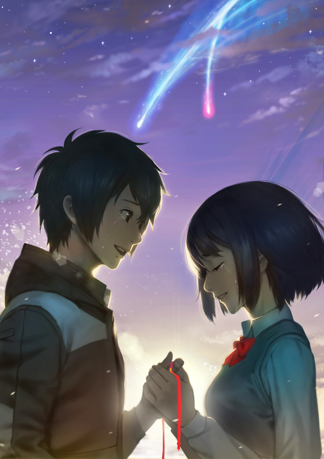 1girl black_hair cloud crying crying_with_eyes_open highres holding_hands jacket kimi_no_na_wa. miyamizu_mitsuha omeno_(digitalome) school_uniform shooting_star sky star_(sky) starry_sky string string_of_fate tachibana_taki tears