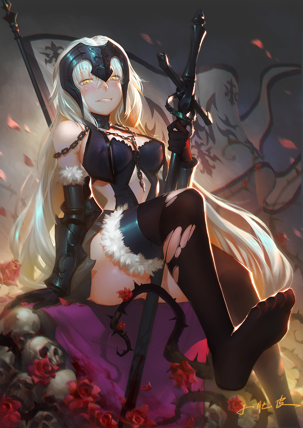 1girl armor armored_dress bare_shoulders between_legs black_gloves black_thighhighs blonde_hair blood bloody_weapon blush capelet chain commentary_request dress elbow_gloves evil_grin evil_smile fate/grand_order fate_(series) feet female_focus flag flower fur-trimmed_legwear fur-trimmed_sleeves fur_trim gauntlets gloves grin headpiece highres holding holding_sword holding_weapon jeanne_d&#039;arc_(fate) jeanne_d&#039;arc_alter_(avenger)_(fate) jeanne_d&#039;arc_alter_(avenger)_(third_ascension)_(fate) jeanne_d&#039;arc_alter_(fate) long_hair looking_at_viewer looking_down no_shoes open_mouth petals red_flower red_rose rose sitting skull smile solo sword thighhighs thighs thorns toes torn_clothes torn_thighhighs very_long_hair weapon xiao_duzi yellow_eyes