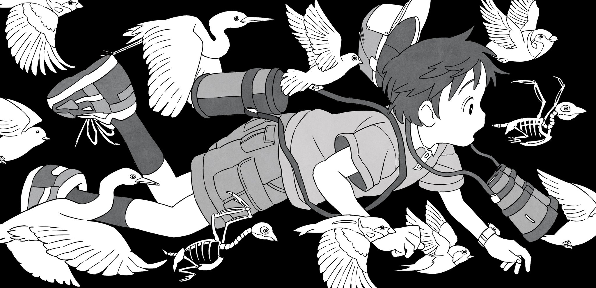 1boy animal_skeleton binoculars bird black_background floating flying greyscale hat heron highres male_focus monochrome onoconokoko0625 open_mouth original pigeon profile shoelaces shoes short_hair short_sleeves shorts simple_background sneakers solo thermos unworn_hat unworn_headwear watch wings wristwatch