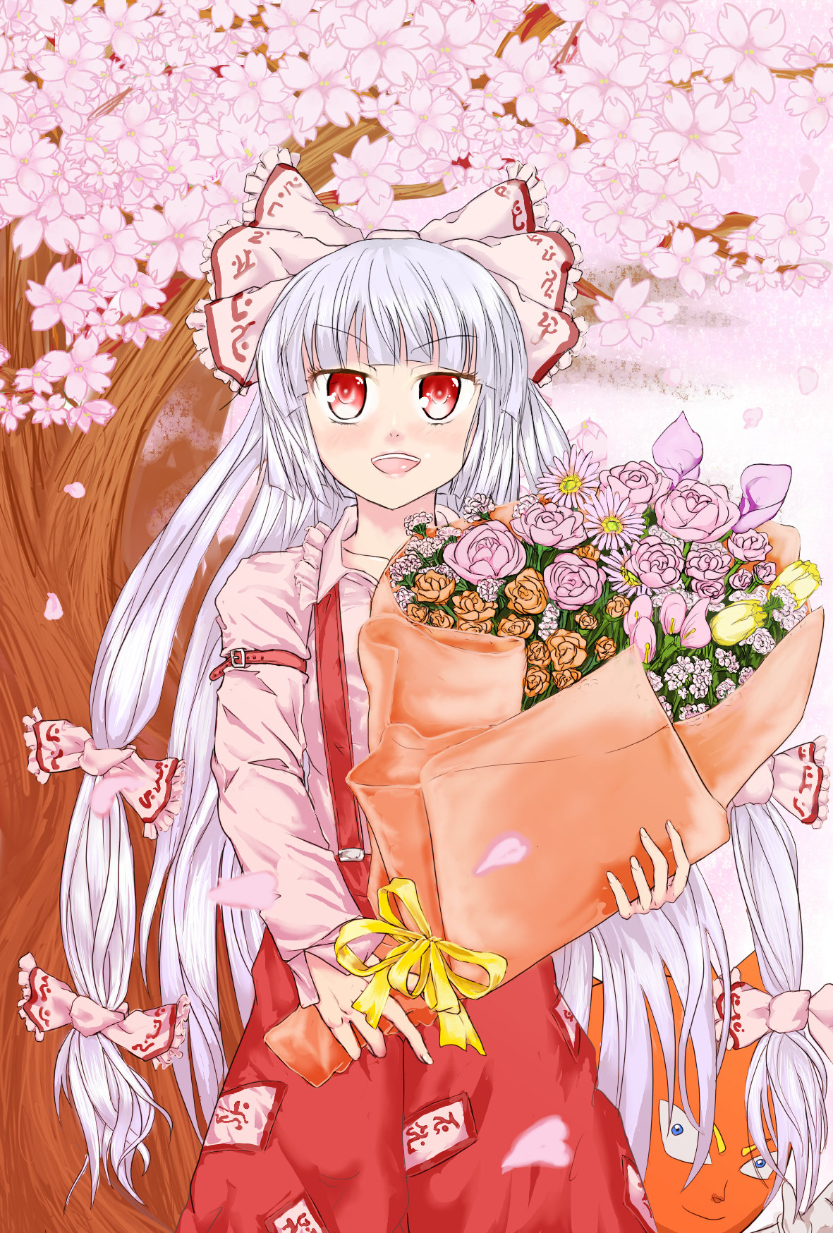 00s 1girl :d amatou3 blush bobobo-bo_bo-bobo bouquet bow cherry_blossoms crossover don_patch female_focus flower fujiwara_no_mokou hair_bow hair_ribbon highres long_hair ofuda open_mouth pants petals red_eyes ribbon silver_hair smile solo suspenders touhou tree very_long_hair