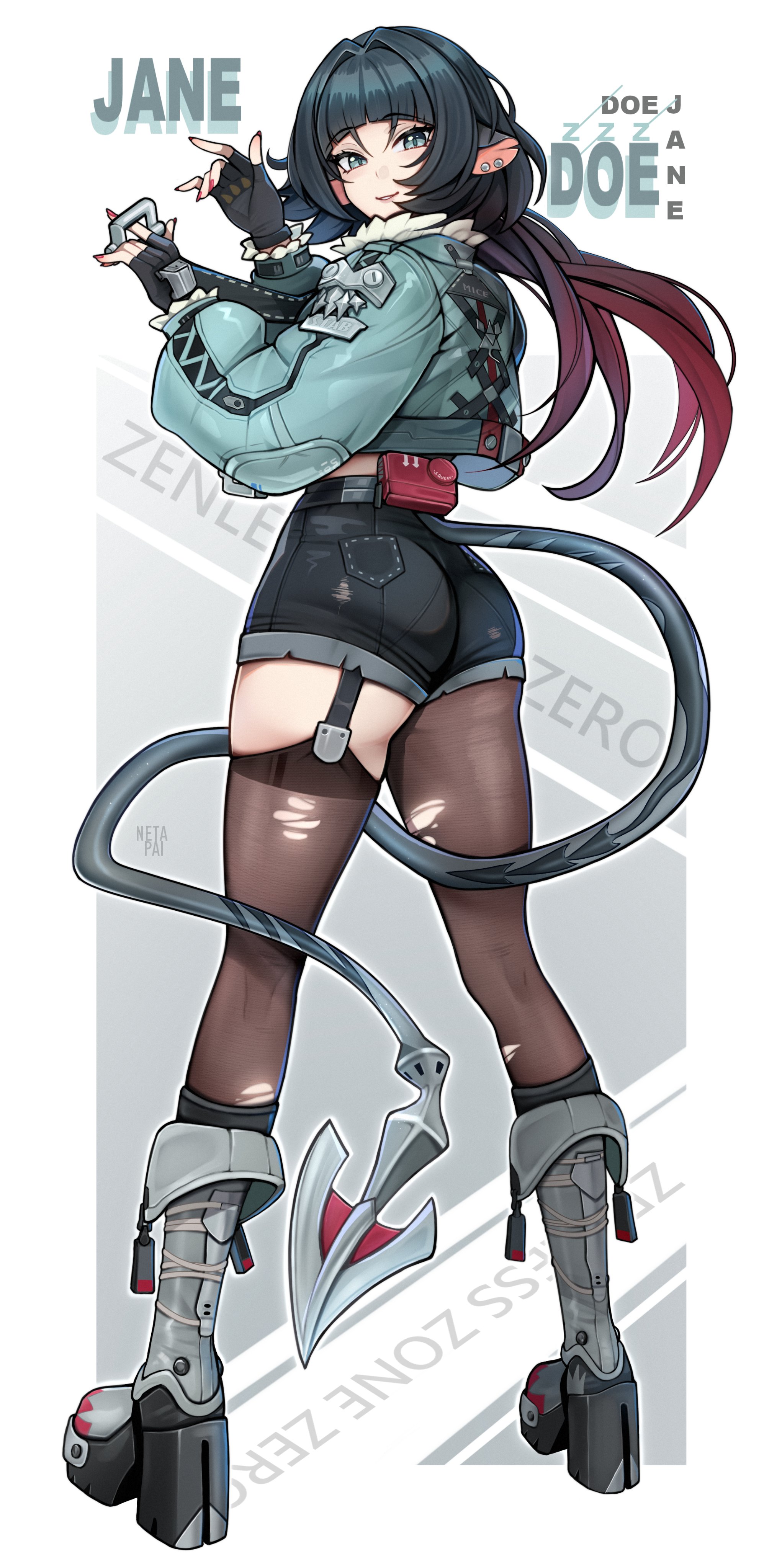 1girl absurdres animal_ears ass black_gloves black_hair black_shorts boots brown_pantyhose brown_thighhighs character_name fingerless_gloves full_body fur-trimmed_jacket fur_trim gloves green_eyes green_jacket grey_boots highres jacket jane_doe_(zenless_zone_zero) looking_at_viewer mouse_ears mouse_girl mouse_tail multicolored_hair nail_polish netapai1 pantyhose parted_lips red_hair red_nails shorts single_leg_pantyhose single_thighhigh smile solo tail thighhighs torn_clothes torn_pantyhose torn_thighhighs two-tone_hair zenless_zone_zero