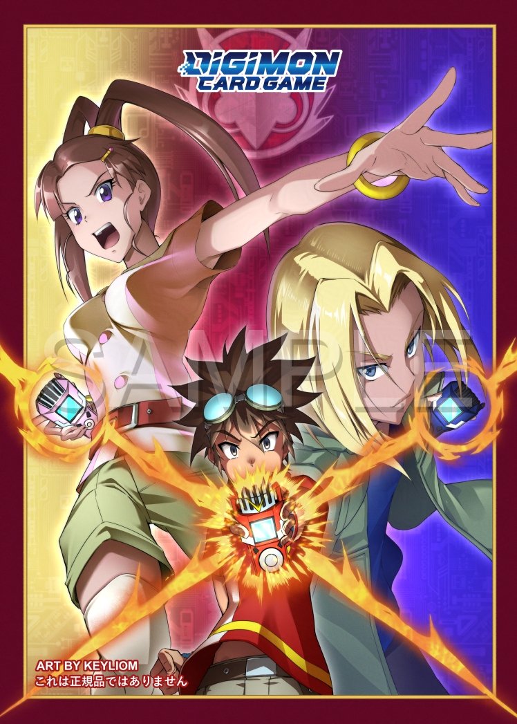 amano_nene_(digimon_xros_wars) aonuma_kiriha blonde_hair brown_hair digimon digimon_card_game digimon_xros_loader digimon_xros_wars digivice goggles hair_ornament keyliom kudou_taiki ponytail sample_watermark watermark