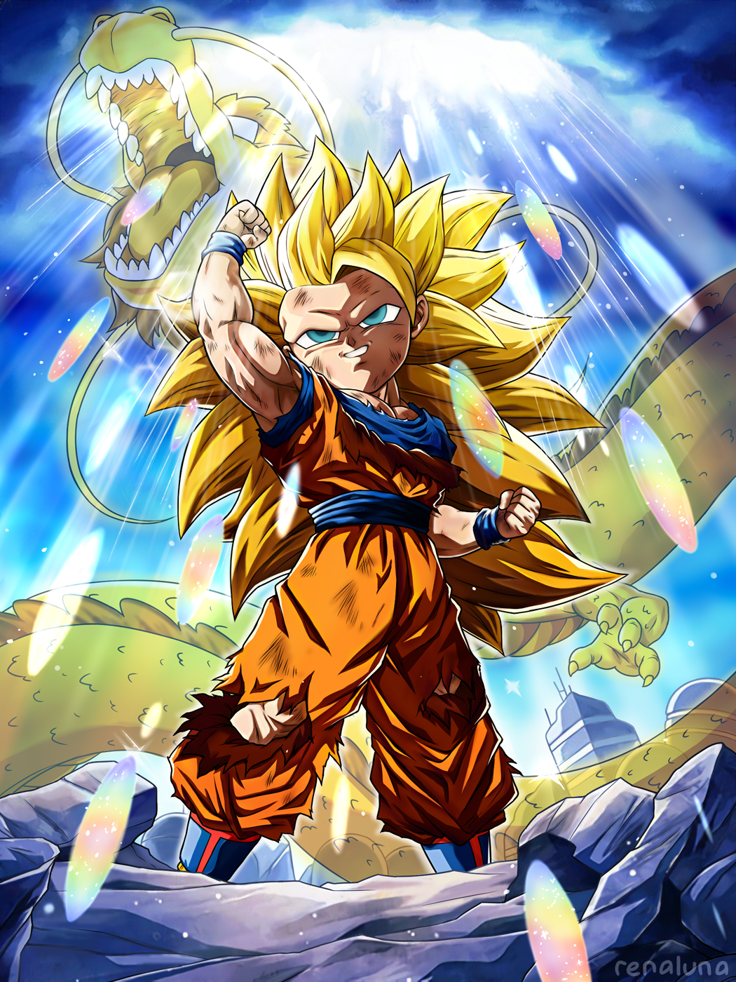 1boy arm_up belt blonde_hair blue_belt blue_eyes blue_footwear blue_shirt building chibi clenched_hands cloud cloudy_sky commentary debris derivative_work dougi dragon dragon_ball dragon_ball_z_dokkan_battle dragon_fist dragonball_z english_commentary glowing grin highres light light_particles long_hair looking_up male_focus martial_arts_belt muscular muscular_male no_eyebrows orange_pants orange_shirt pants raised_fist redrawn renaluna shenron_(dragon_ball) shirt signature sky smile solo son_goku spiked_hair standing super_saiyan super_saiyan_3 torn_clothes wristband