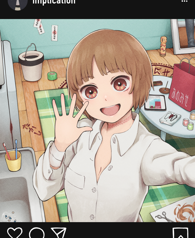 1girl bandaged_arm bandages blunt_bangs breasts brown_eyes brown_hair cleavage collared_shirt commentary_request cup grill hand_up indoors instagram kokeshi looking_at_viewer medicine open_mouth original rug scissors selfie shichirin shirt short_hair sink smile solo strangulation_mark table toothbrush upper_body white_shirt yajirushi_(chanoma)