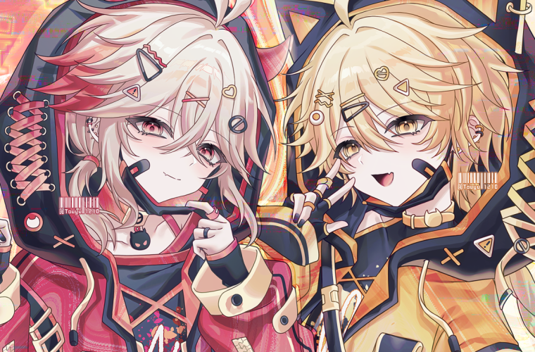 2boys aether_(genshin_impact) ahoge bandaid bandaid_on_face black_gloves black_hoodie black_mask black_shirt blonde_hair blush braid closed_mouth collar earrings fingerless_gloves genshin_impact gloves hair_between_eyes hair_ornament hairclip heart heart_hair_ornament hood hood_up hooded_jacket hoodie jacket jewelry kaedehara_kazuha long_hair looking_at_viewer male_focus mask mouth_mask multicolored_hair multiple_boys open_mouth ponytail red_collar red_eyes red_hair red_jacket shirt simple_background streaked_hair touyu_1210 unworn_mask white_hair x_hair_ornament yellow_collar yellow_eyes yellow_jacket