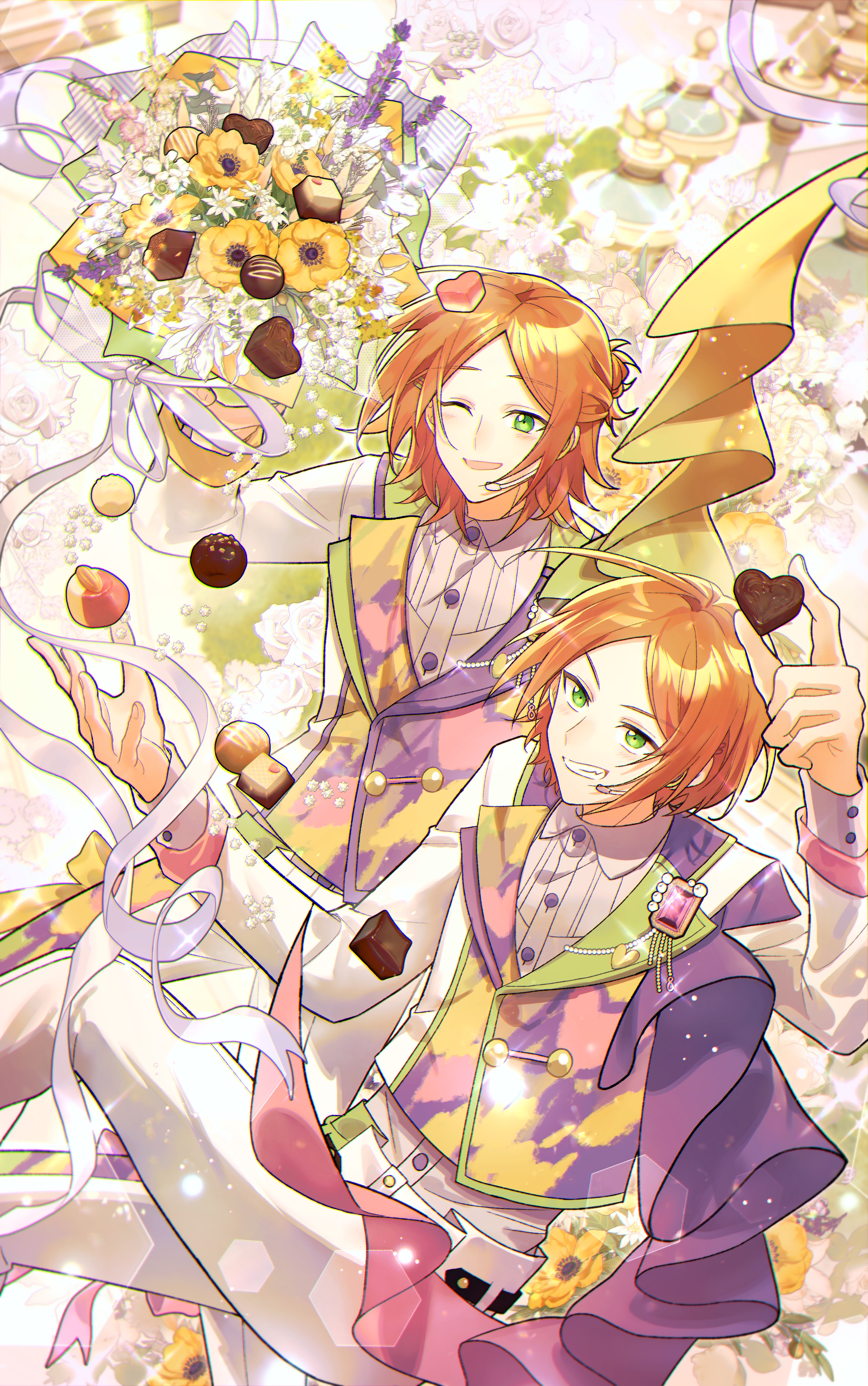 2boys 2wink_(ensemble_stars!) ;d absurdres aoi_hinata aoi_yuta bouquet brothers buttons cake candy chocolate chocolate_heart closed_mouth cookie ensemble_stars! flower food gift green_eyes hair_ornament heart heart-shaped_food heart_hair_ornament highres holding long_sleeves looking_at_viewer male_focus medium_hair multiple_boys one_eye_closed open_mouth orange_hair pants parted_bangs ribbon rose shirt short_hair siblings smile sunflower twins vest white_flower white_pants white_shirt xi_yuu yellow_flower