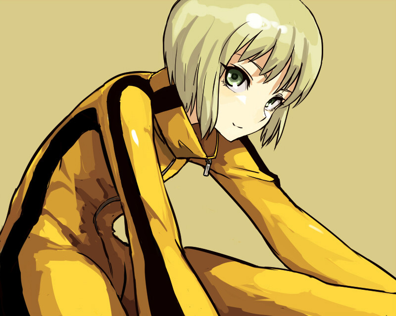 1girl bad_id bad_pixiv_id blonde_hair bruce_lee&#039;s_jumpsuit female_focus full-length_zipper fushoku green_eyes huang_pao-lin looking_at_viewer short_hair sitting smile solo stretching tiger_&amp;_bunny yellow_background zipper