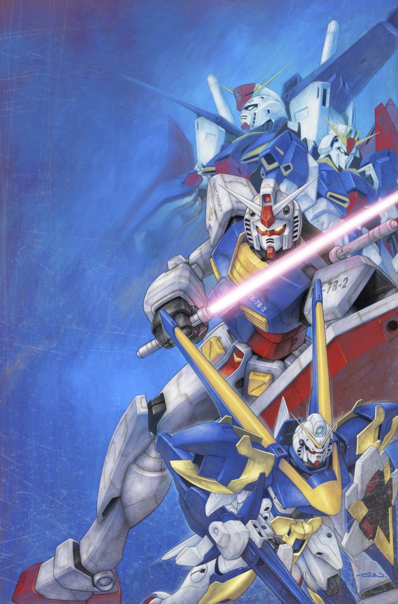 energy_sword blue_background green_eyes gundam gundam_zz hashtag-only_commentary highres holding holding_sword holding_weapon looking_at_viewer mecha mecha_focus mobile_suit mobile_suit_gundam nakamura_jun&#039;ichi no_humans robot rx-78-2_gundam science_fiction shield signature sword v-fin v2_assault-buster_gundam victory_gundam weapon yellow_eyes zeta_gundam zeta_gundam_(mobile_suit) zz_gundam